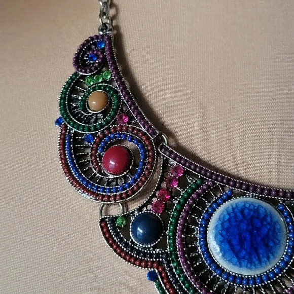 Statement Bib Necklace with Colorful Beading and Stone Accents - Picture 6 of 7